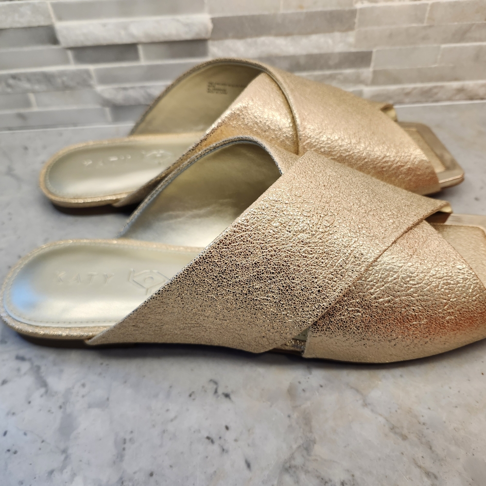 Katy Perry Checked In Gold Metallic Leather Slide Sandals NIB Size 8 - Picture 3 of 5